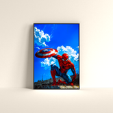 Spider-Man holding Captain America shield poster by Dripster with vibrant blue sky and city background